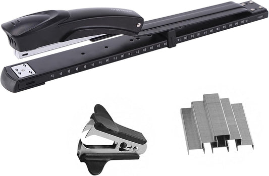 Long Reach Stapler,with 2000 Staples & Stapler Remover Full Strip，20-25 Sheet Capacity,with Built-in Ruler and Adjustable Locking Paper Guide, Gray