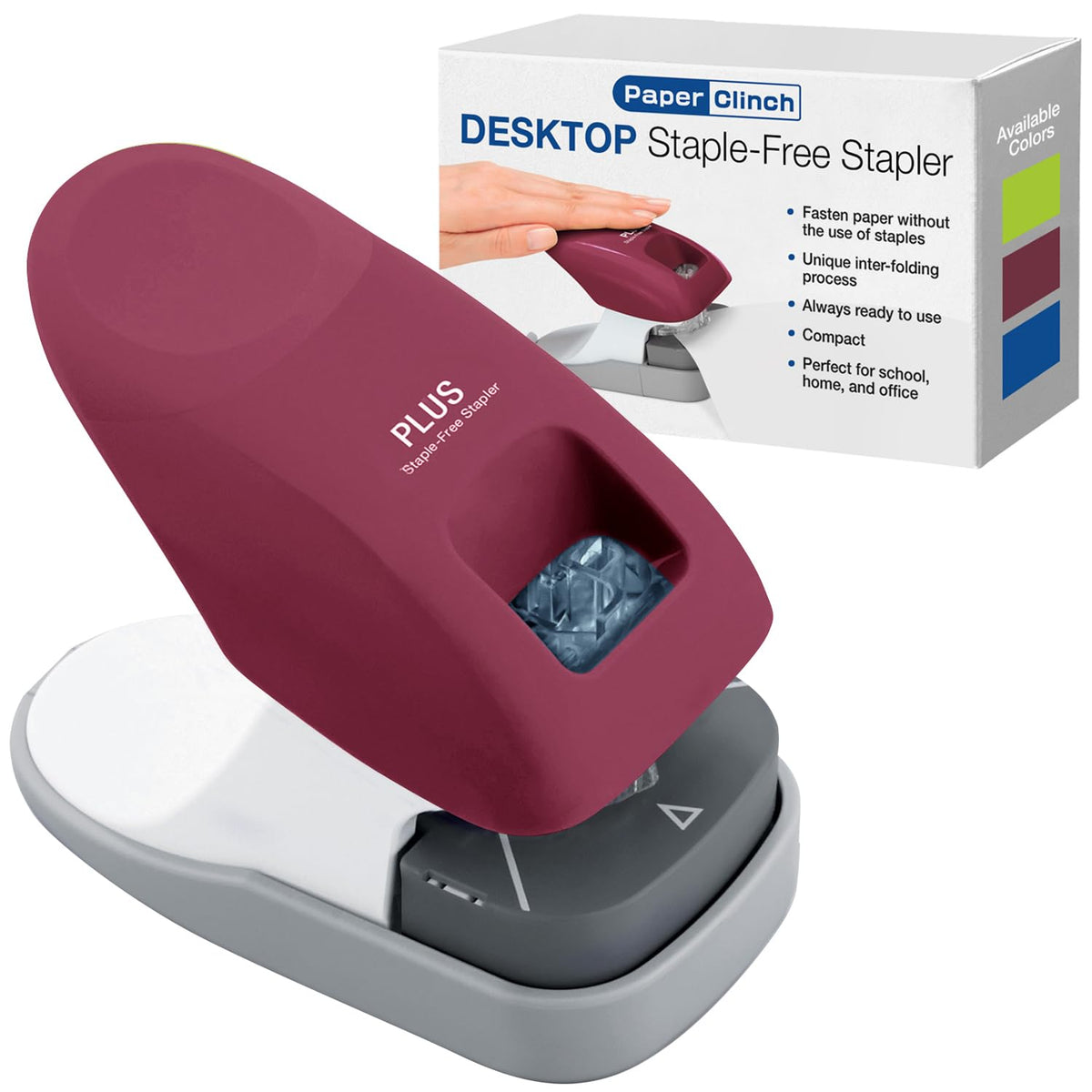 Plus Paper Clinch Desktop Staple-Free Stapler, Blue