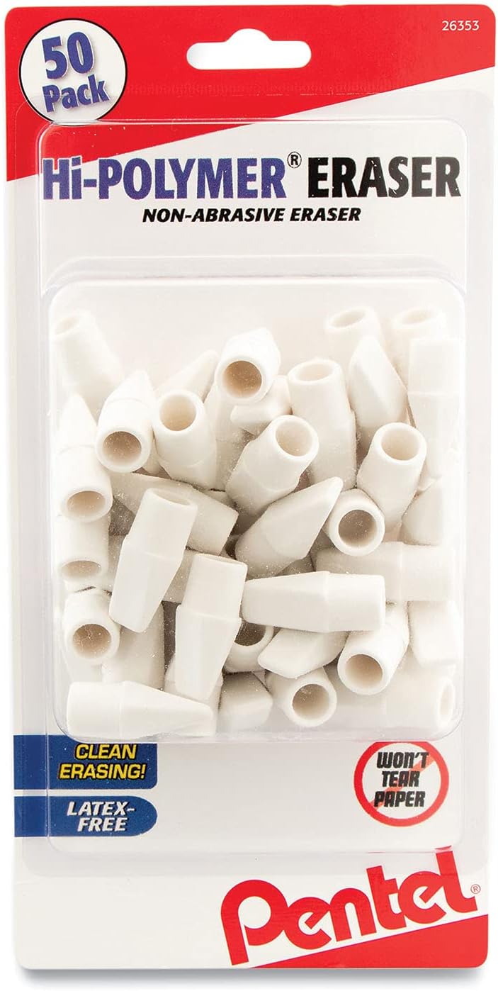 Pentel Hi-Polymer White Cap Erasers, 50 Pack (ZEH02BP50), Rectangular