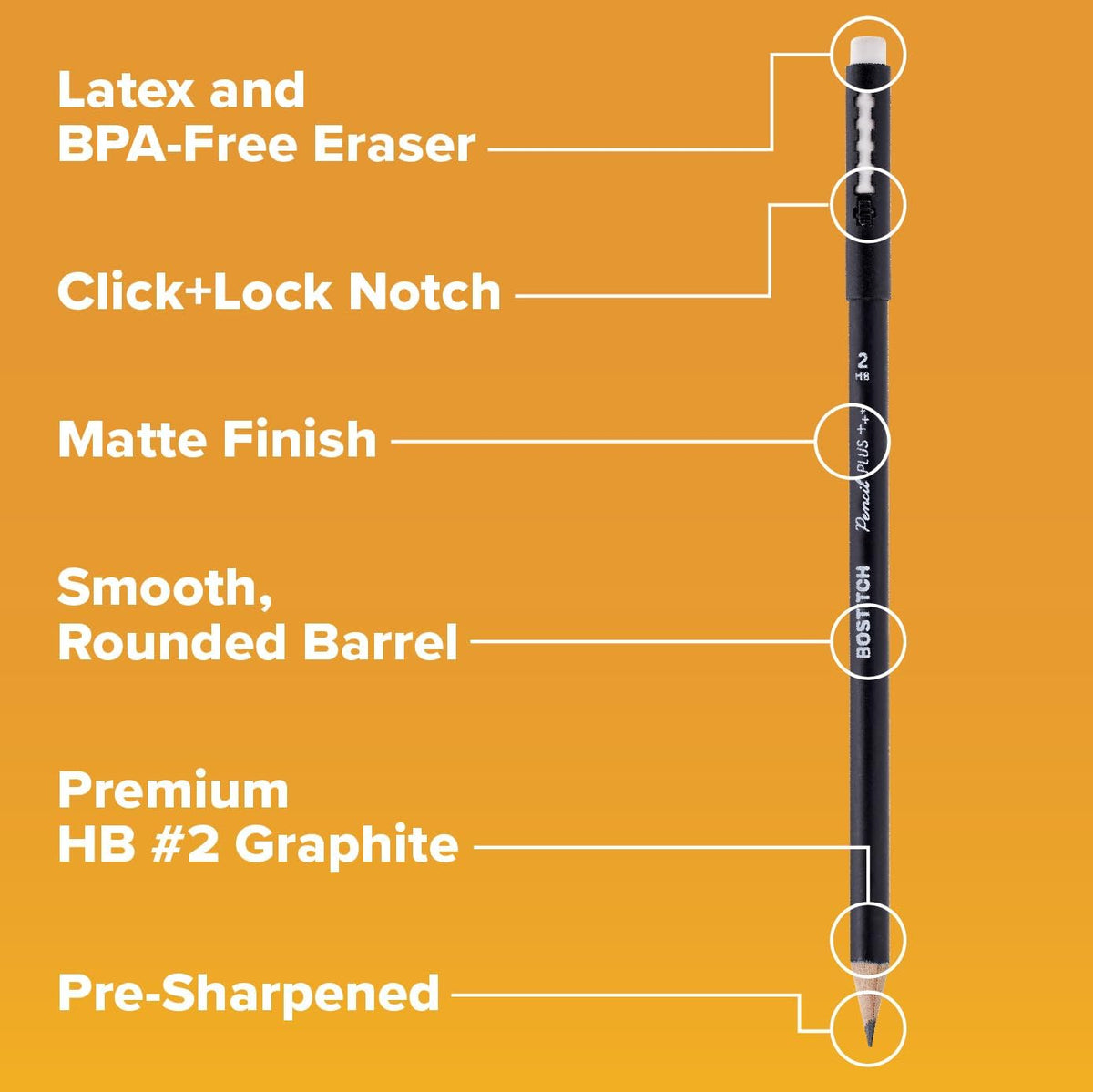 Bostitch, Wood-Cased Pencil Plus, Retractable Eraser, American Cedar Wood, #2 HB, Round, Matte Black, Pre-sharpened, Six Pack
