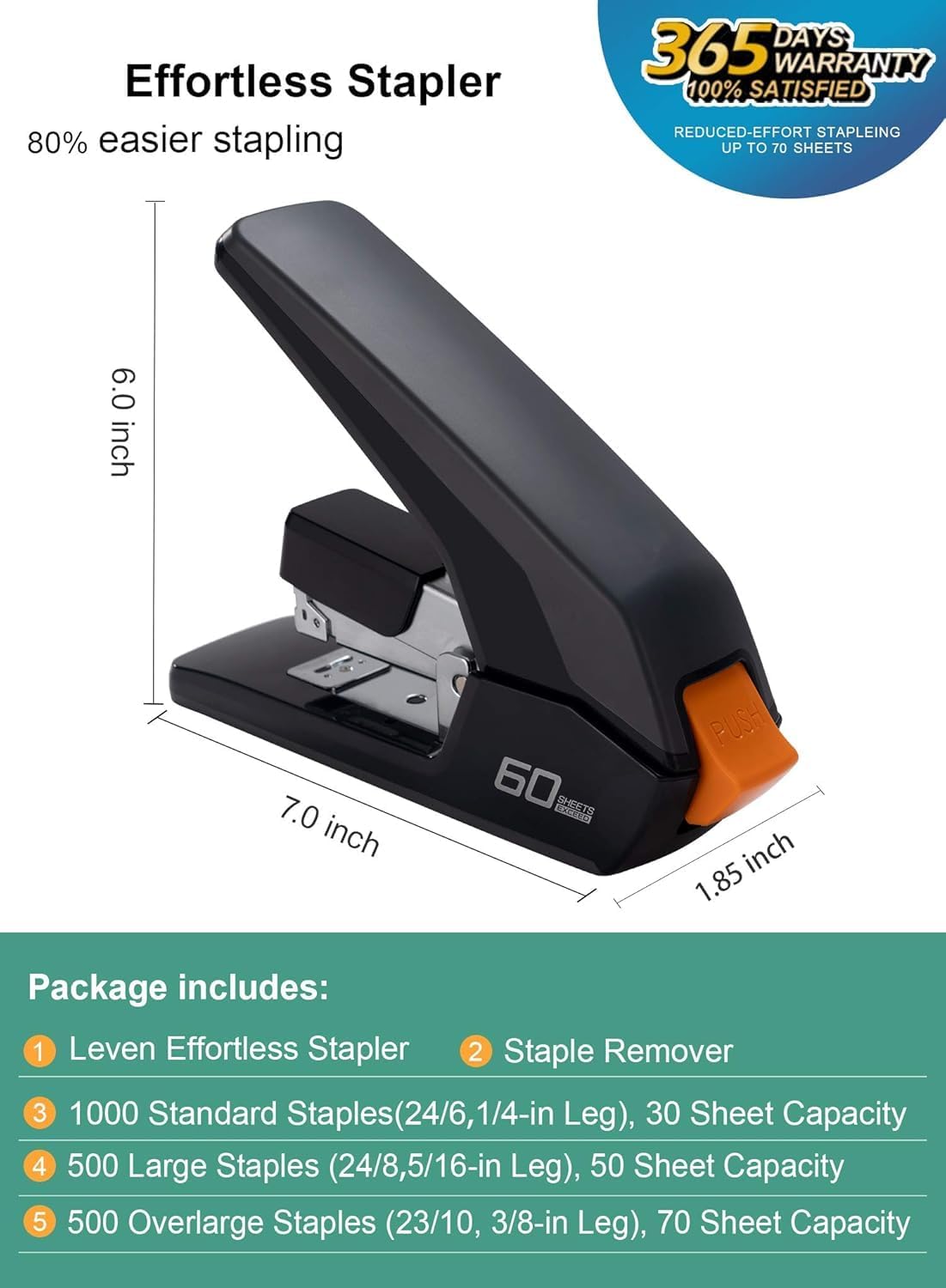 Leven Effortless Heavy Duty Stapler, One Touch Stapling, Easy to Load Ergonomic Stapler, 60 Sheet Capacity, Includes 2000 Staples and Staple Remover for Desktop