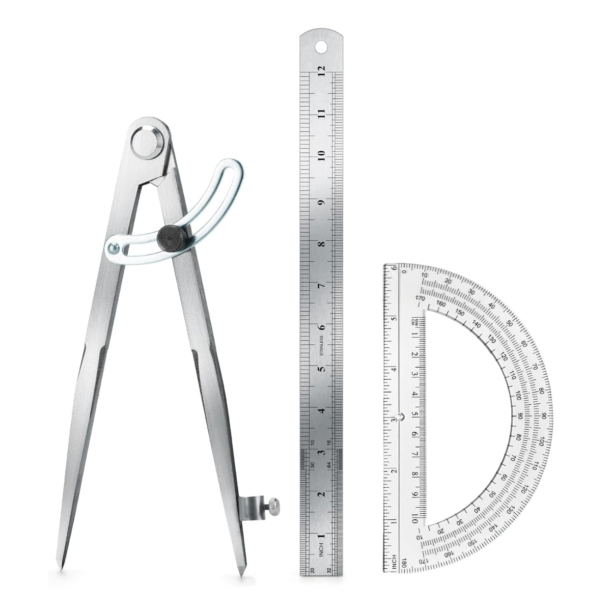 12 Inch Compass Geometry Tool with Protractor Ruler & Pencils