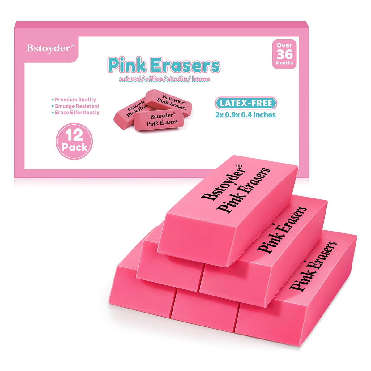 Pink Erasers Bulk, 36 Pack Rubber Pencil Erasers Bulk for School/Office, Latex-Free Smudge-Free Soft Bevel Erasers for Students, Bulk School Supplies for Classrooms, Teachers, Home, Office, Art Class