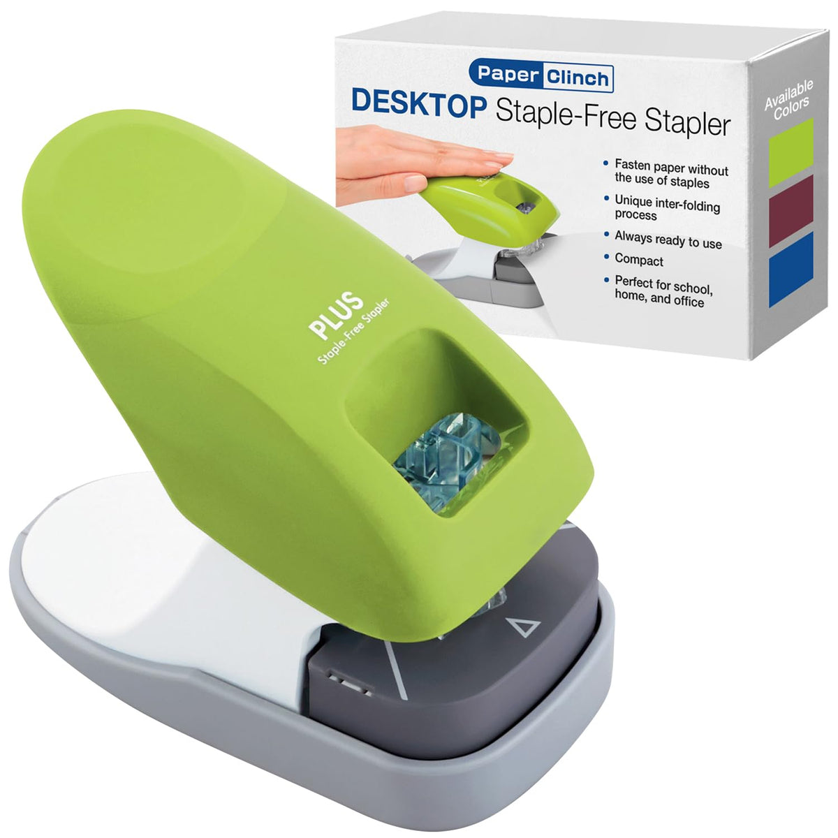 Plus Paper Clinch Desktop Staple-Free Stapler, Blue