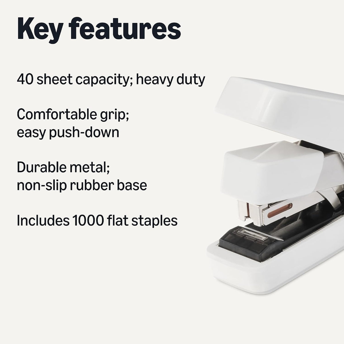 Amazon Basics Office Heavy Duty Stapler, Flat Clinch, Effortless, 40 Sheet Capacity, 1000 Staples, No Jam, for Classroom, Office or Desk Use, White