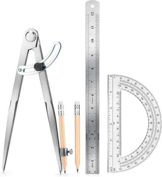 12 Inch Compass Geometry Tool with Protractor Ruler & Pencils