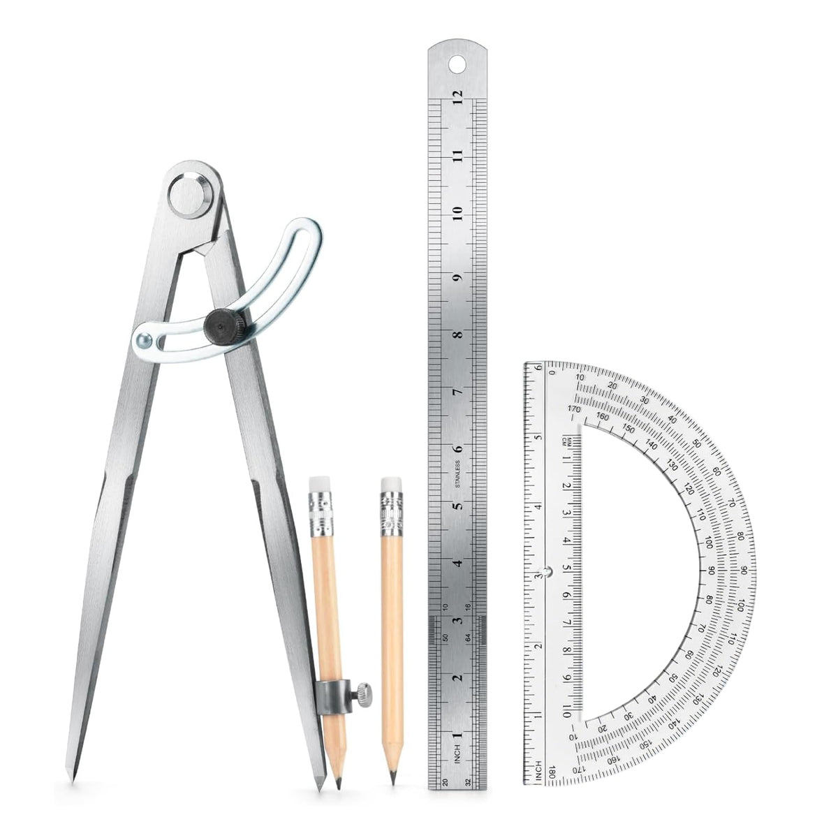 12 Inch Compass Geometry Tool with Protractor Ruler & Pencils