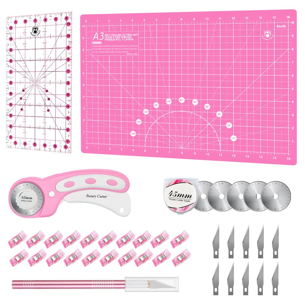 Headley Tools Rotary Cutter Set - 45mm Fabric Cutter, 5 Extra Rotary Blades, A3 Cutting Mat, Quilting Ruler and Sewing Clips, Craft Knife Set, Ideal for Crafting, Sewing, Patchworking, Purple