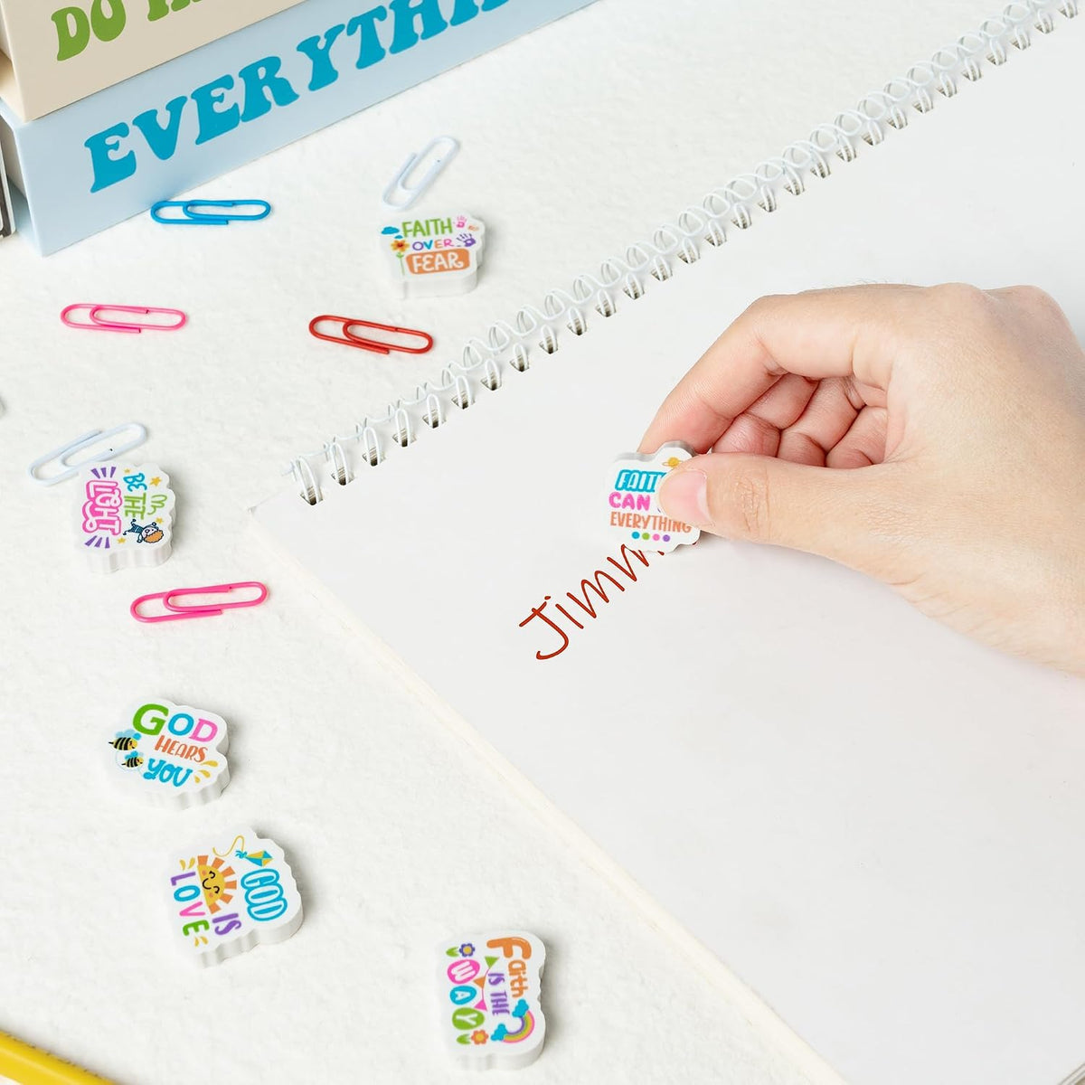 Christian Inspirational Mini Erasers Back to School 60Pcs Inspirational Faith Over Fear Pencil Eraser Colorful God 3D Desk Puzzle Statione Pet for Student Kid Classroom Reward Birthday Supplies