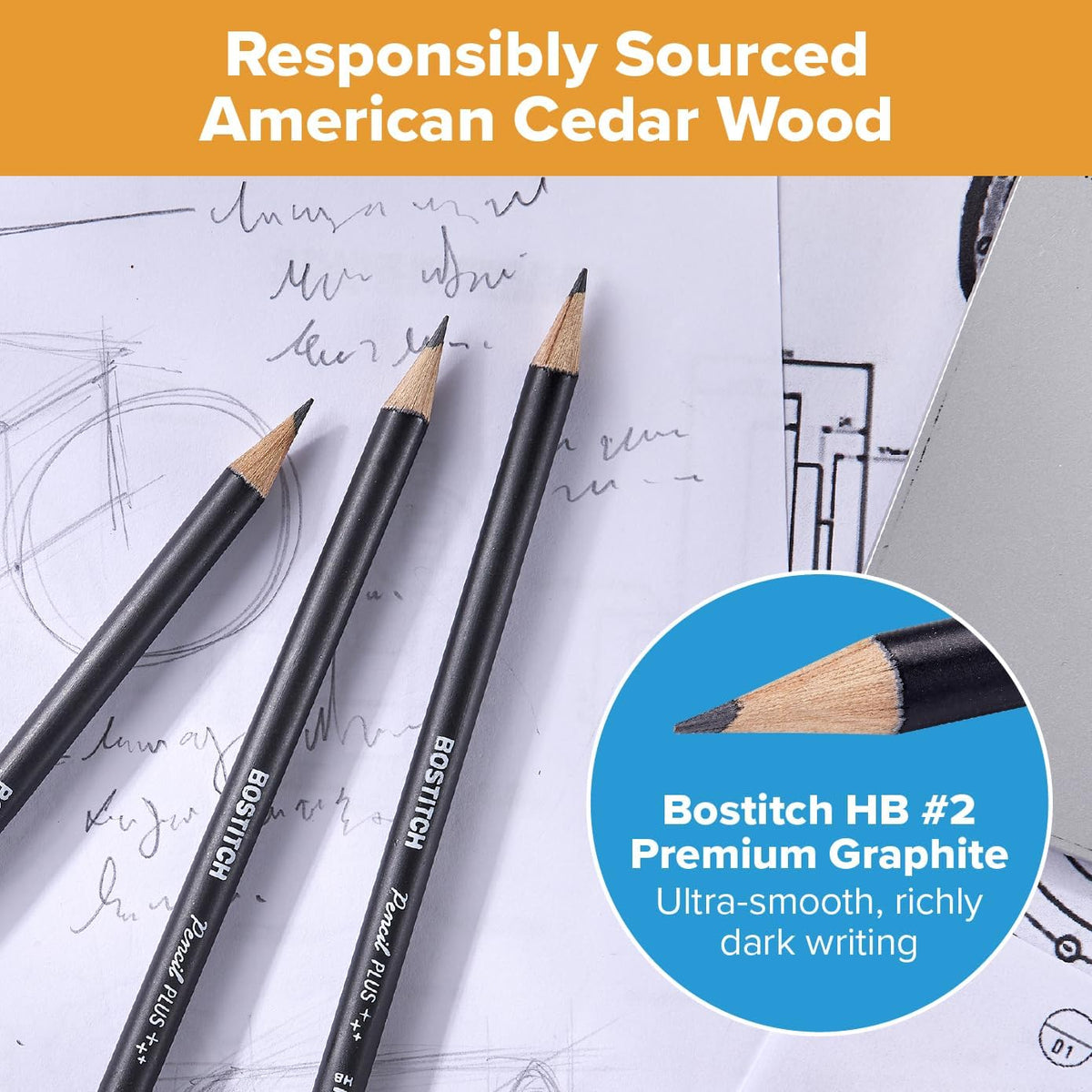 Bostitch, Wood-Cased Pencil Plus, Retractable Eraser, American Cedar Wood, #2 HB, Round, Matte Black, Pre-sharpened, Six Pack