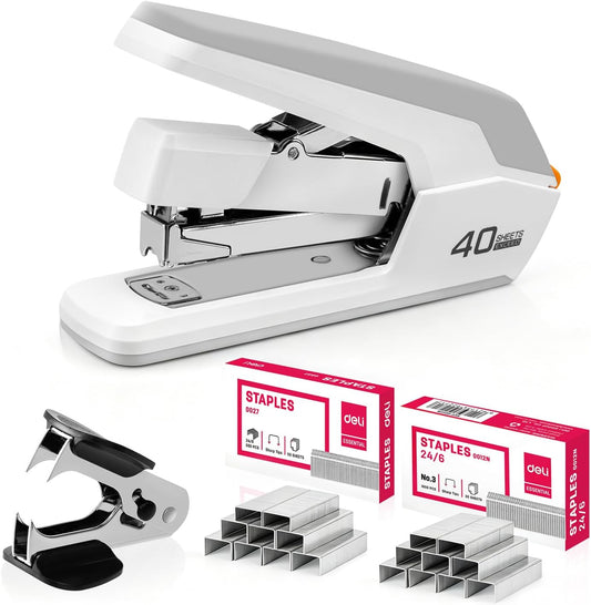 Deli Effortless Desktop Stapler, Heavy Duty Stapler, White