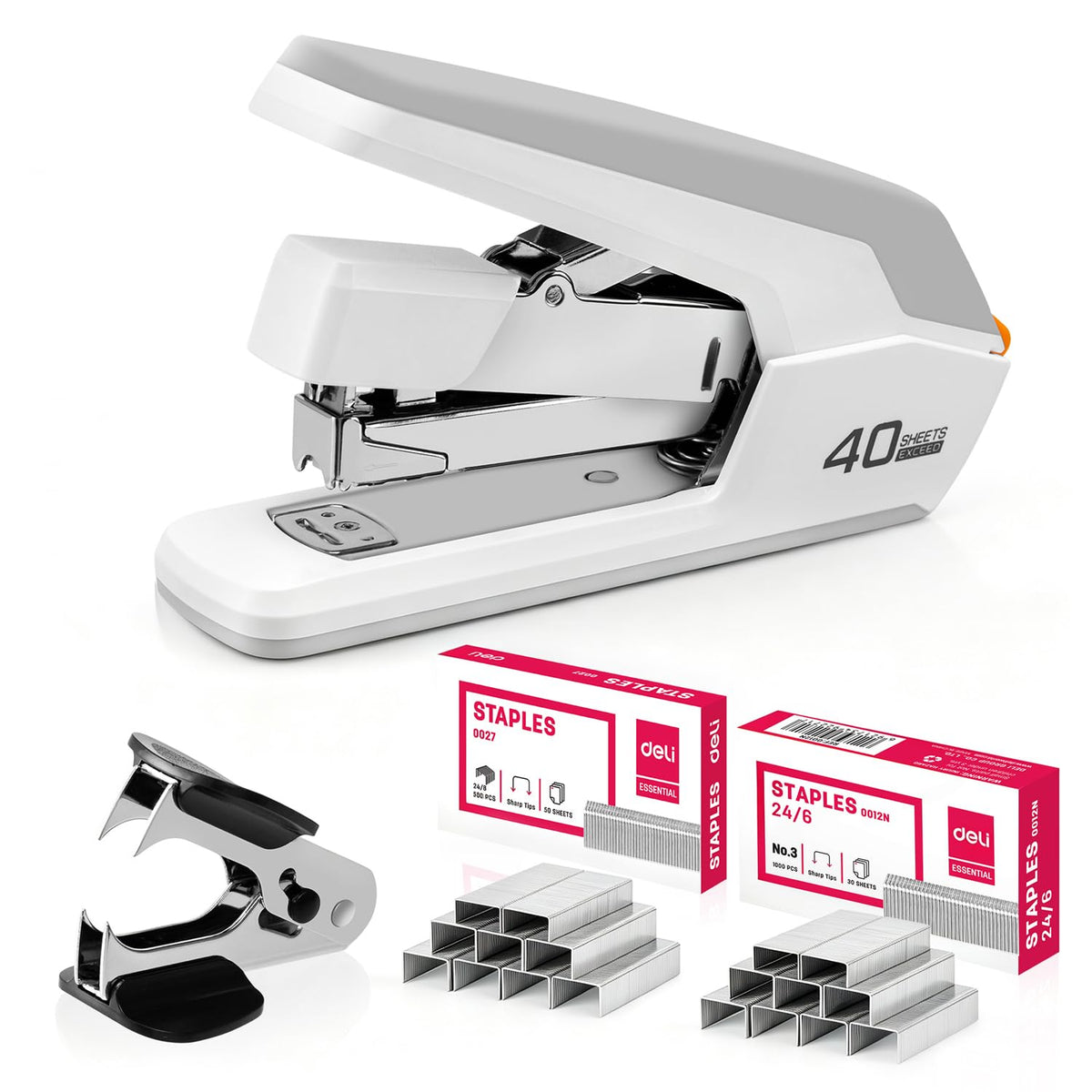 Deli Effortless Desktop Stapler, Heavy Duty Stapler, White