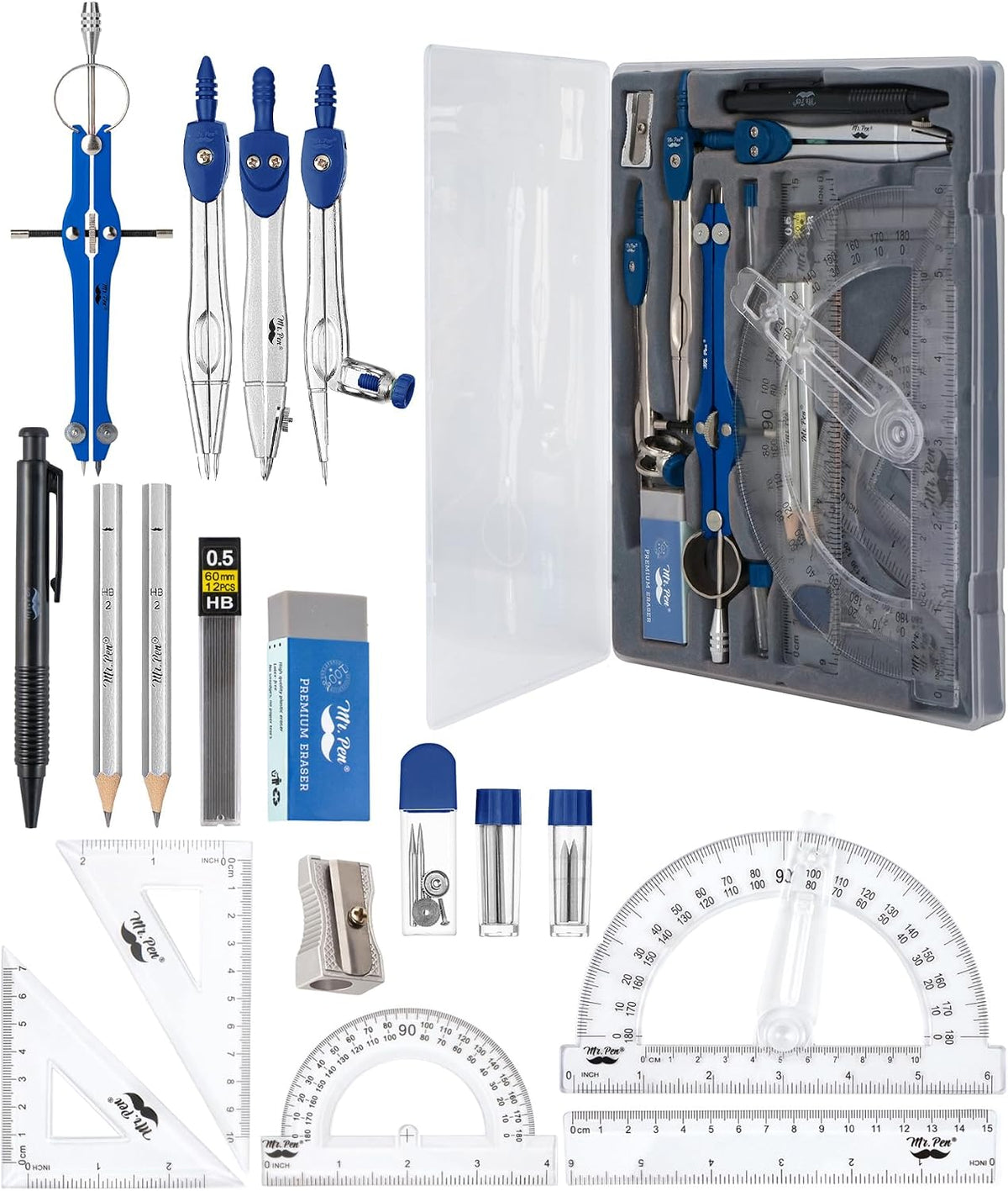 Mr. Pen- Geometry Set, 15 pcs, Navy Blue, 6 Inch Swing Arm Protractor