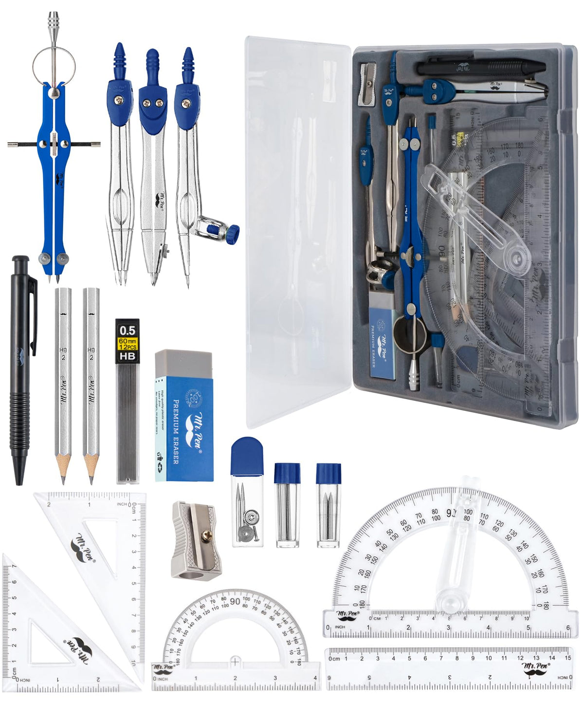 Mr. Pen- Geometry Set, 15 pcs, Light Blue, 6 Inch Swing Arm Protractor