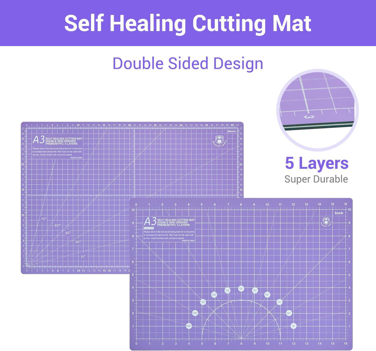 Headley Tools Rotary Cutter Set - 45mm Fabric Cutter, 5 Extra Rotary Blades, A3 Cutting Mat, Quilting Ruler and Sewing Clips, Craft Knife Set, Ideal for Crafting, Sewing, Patchworking, Purple
