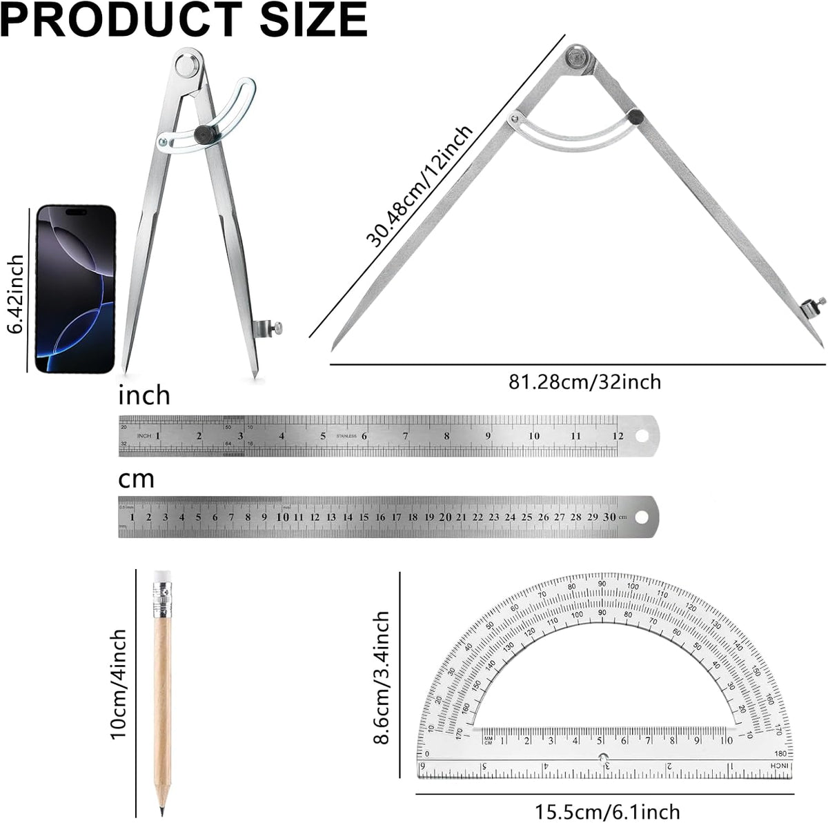 12 Inch Compass Geometry Tool with Protractor Ruler & Pencils