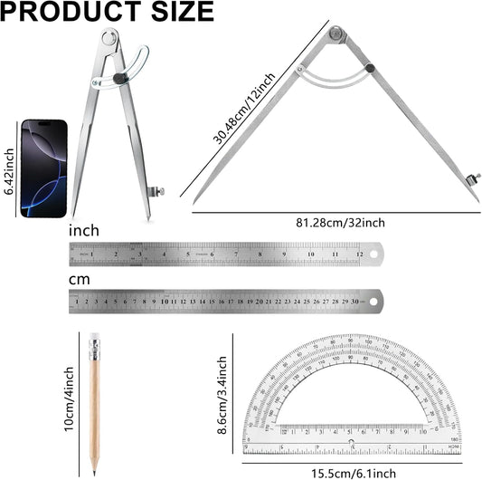 12 Inch Compass Geometry Tool with Protractor Ruler & Pencils