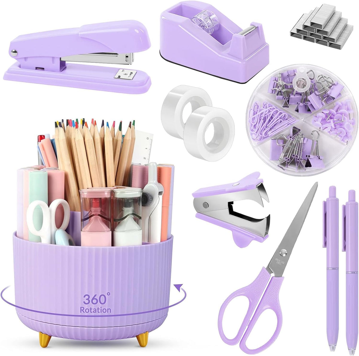 SKYDUE Purple Office Supplies Set with Pencil Holder for Desk,11 PCS