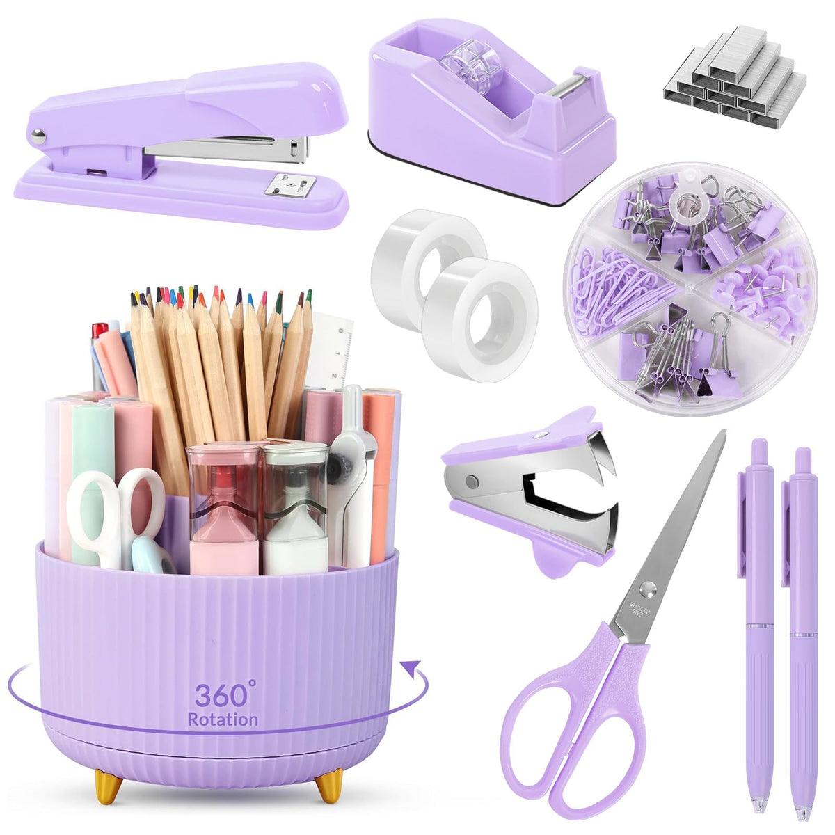 SKYDUE Purple Office Supplies Set with Pencil Holder for Desk,11 PCS