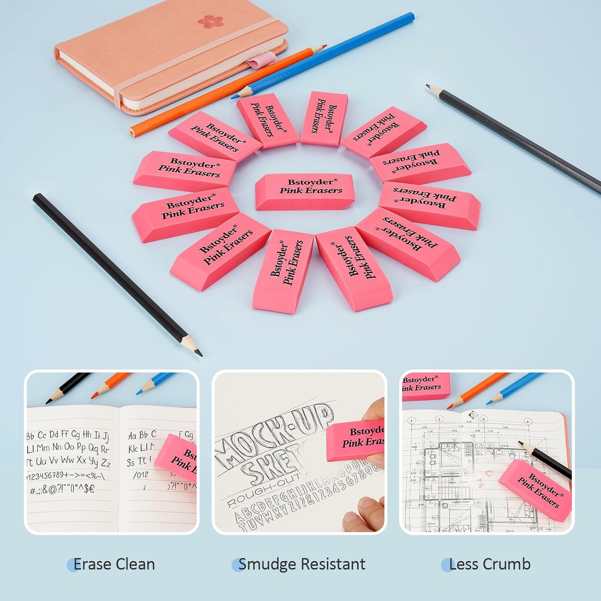 Pink Erasers Bulk, 36 Pack Rubber Pencil Erasers Bulk for School/Office, Latex-Free Smudge-Free Soft Bevel Erasers for Students, Bulk School Supplies for Classrooms, Teachers, Home, Office, Art Class