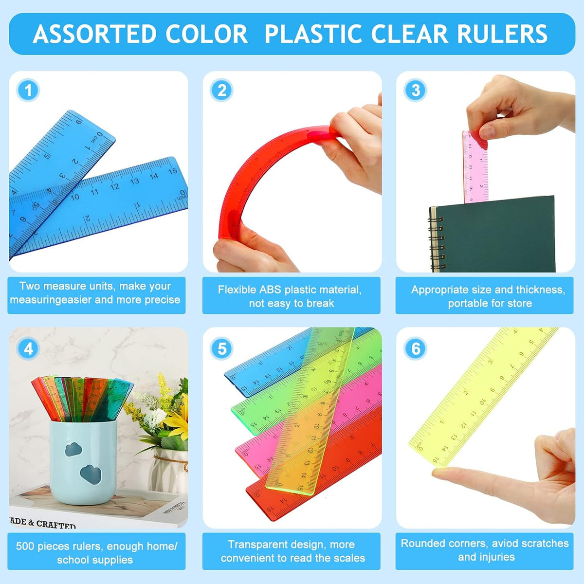 Zonon 50 Pcs 6''/12'' Plastic Rulers Bulk Flexible Straight