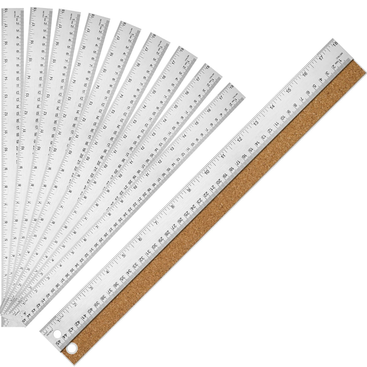 6+12+18 inch Metal Ruler with Cork Backing, Imperial & Metric Markings