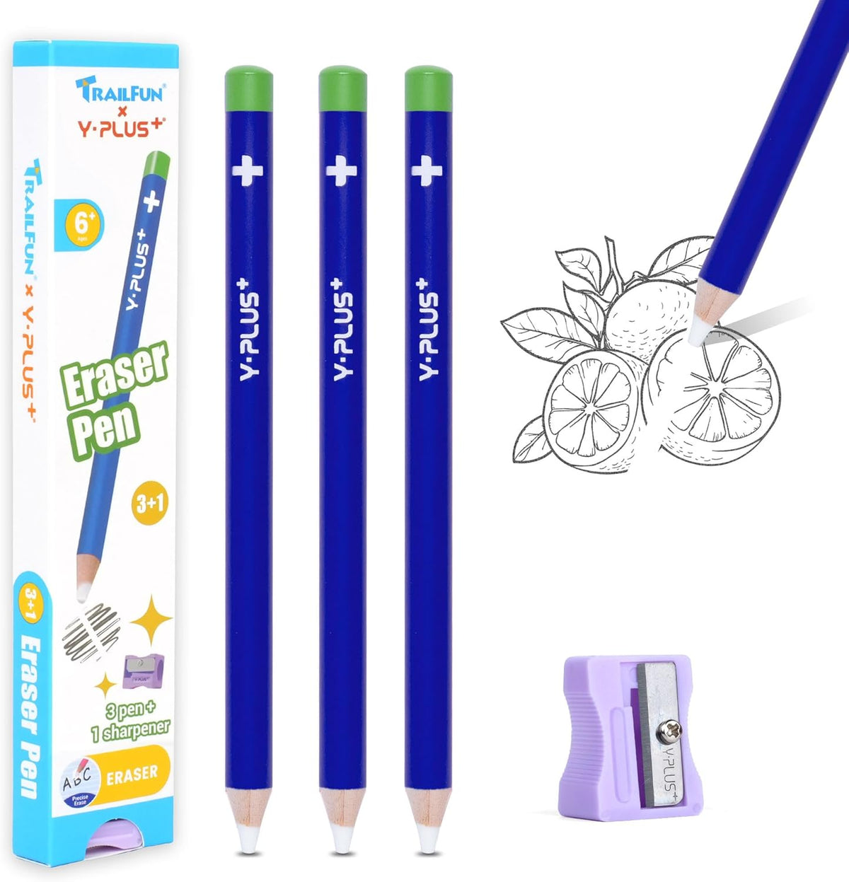Eraser Pen with Sharpener, Fine Detail Erasing, Blue, 3 Pcs