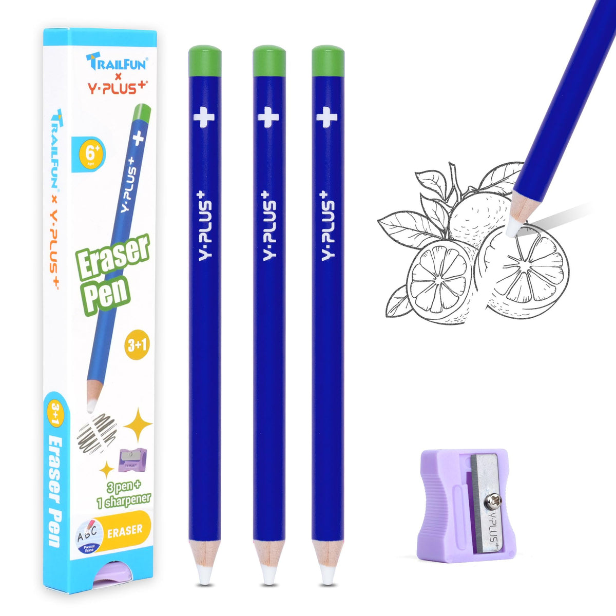 Eraser Pen with Sharpener, Fine Detail Erasing, Blue, 3 Pcs