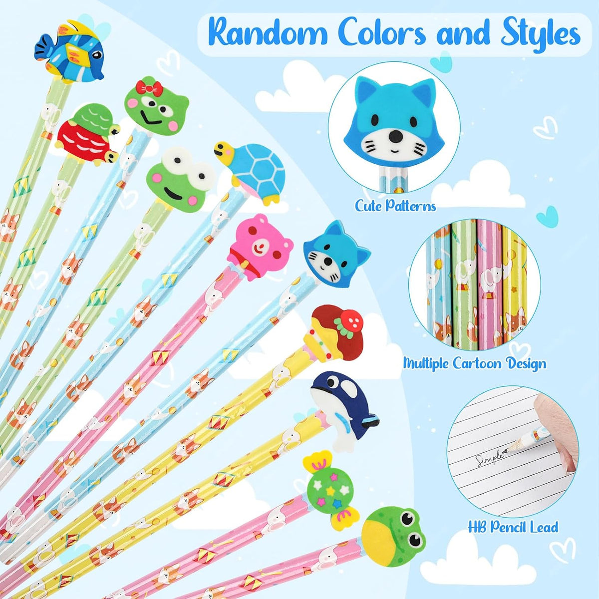 DIYASY 50 Pcs Cute Pencils with Eraser Toppers, Cartoon Animal Wood Pencil Bulk Party Favor Supplies Classroom Rewards Prizes Stationery for Kids