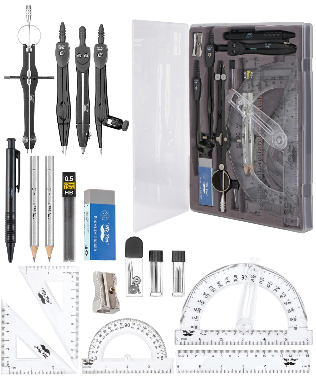 Mr. Pen- Geometry Set, 15 pcs, Navy Blue, 6 Inch Swing Arm Protractor