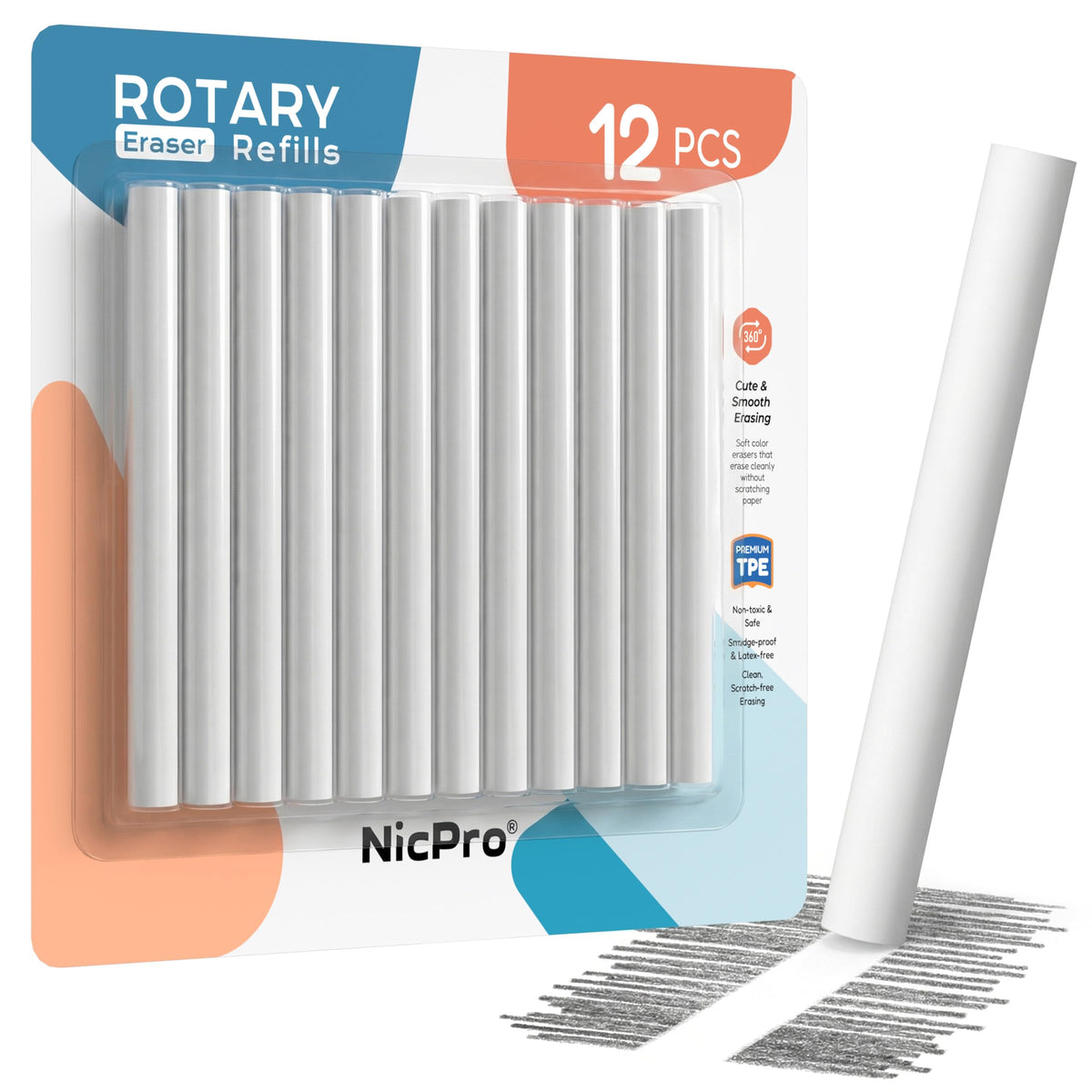Nicpro 6 Pack Rotary Retractable Erasers, Soft TPE Twist Eraser-Rainbow