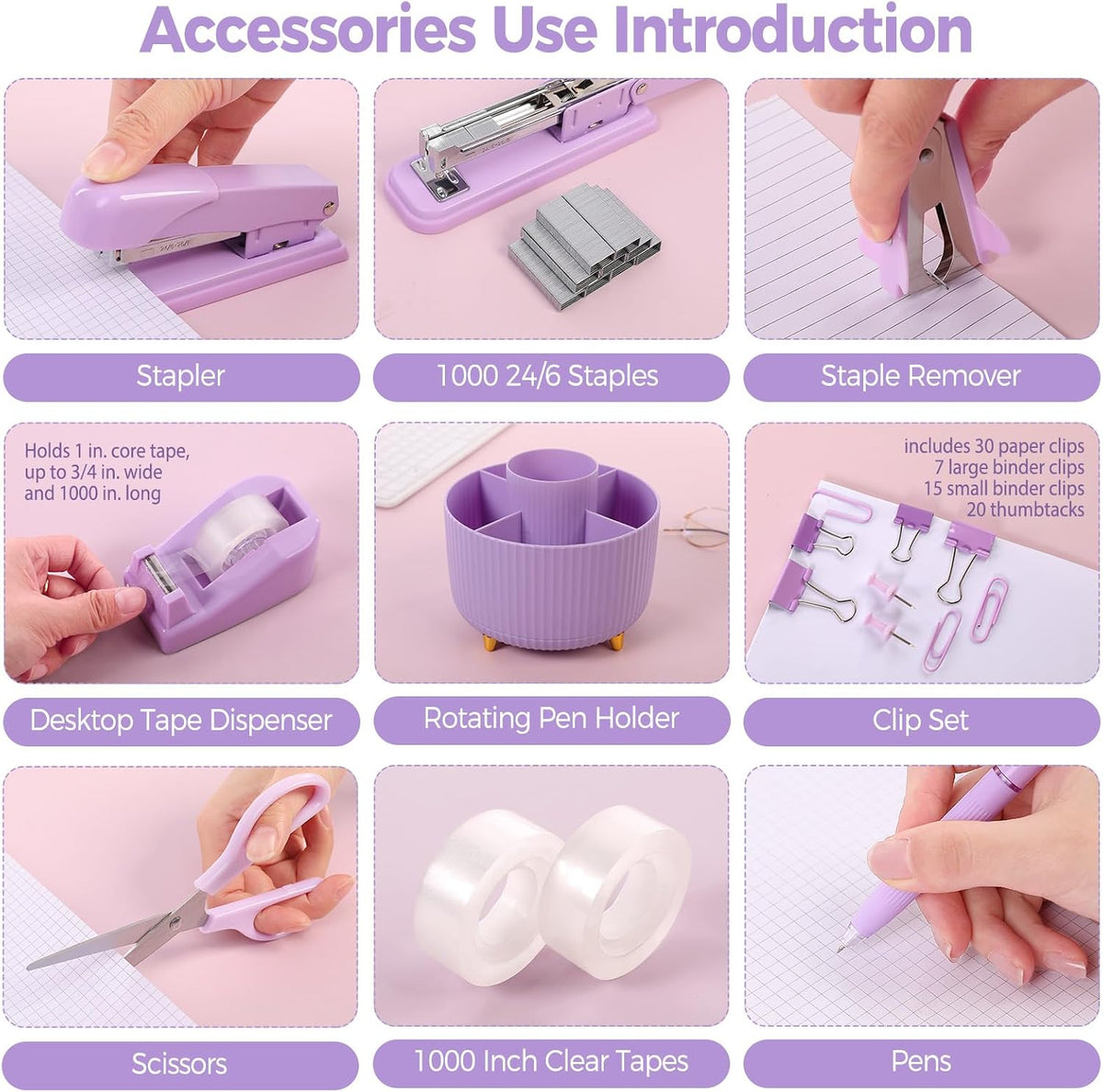 SKYDUE Purple Office Supplies Set with Pencil Holder for Desk,11 PCS