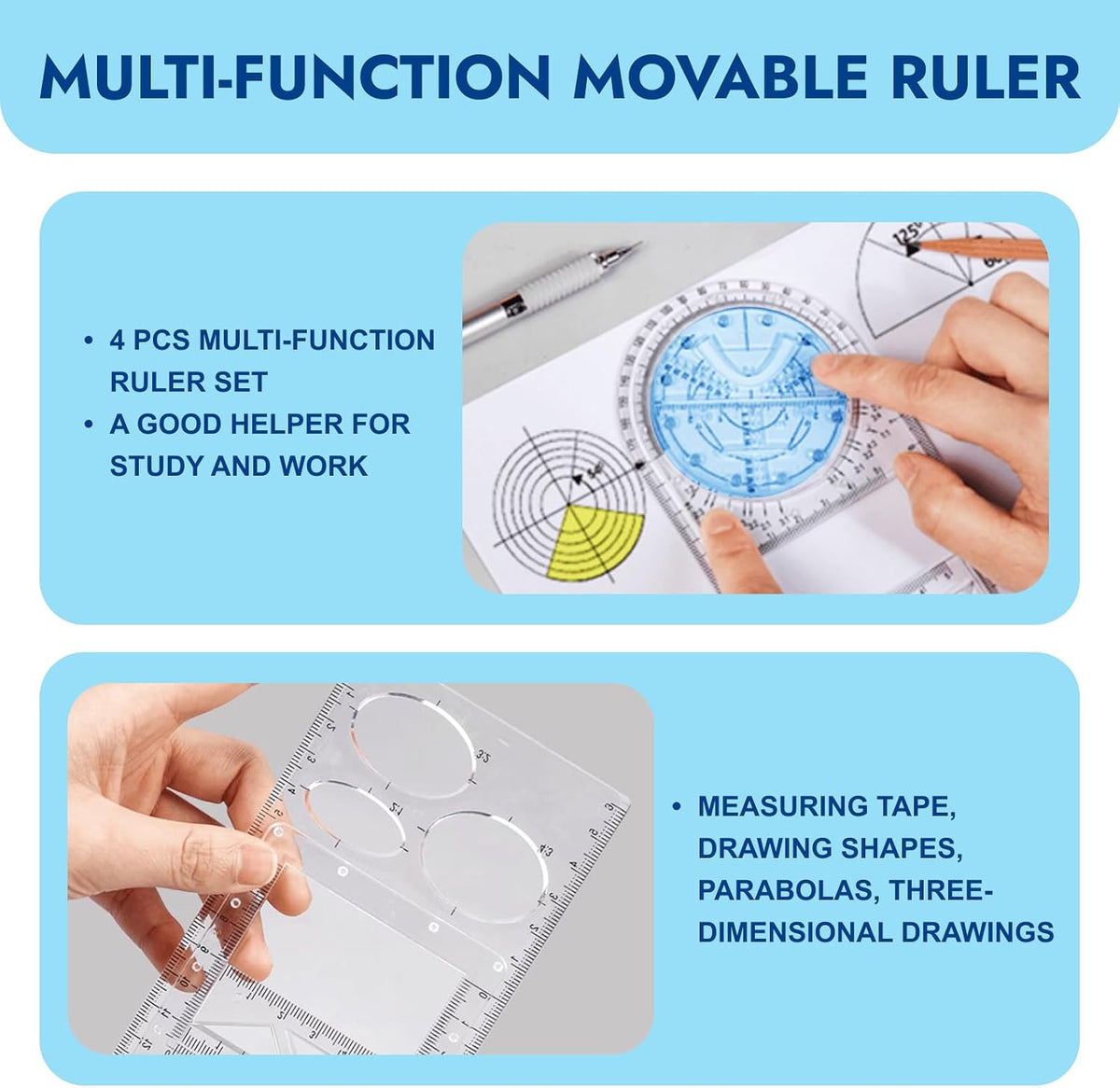4 Pcs Multifunctional Geometric Ruler,Math Measuring Rulers for Drawing and Art,Metric Ruler Drawing Tool for School Office Supplies and Build