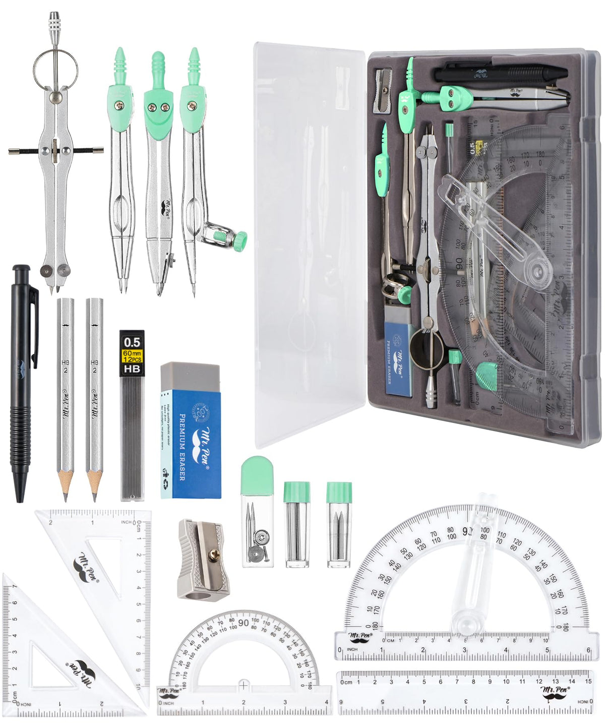 Mr. Pen- Geometry Set, 15 pcs, Light Blue, 6 Inch Swing Arm Protractor