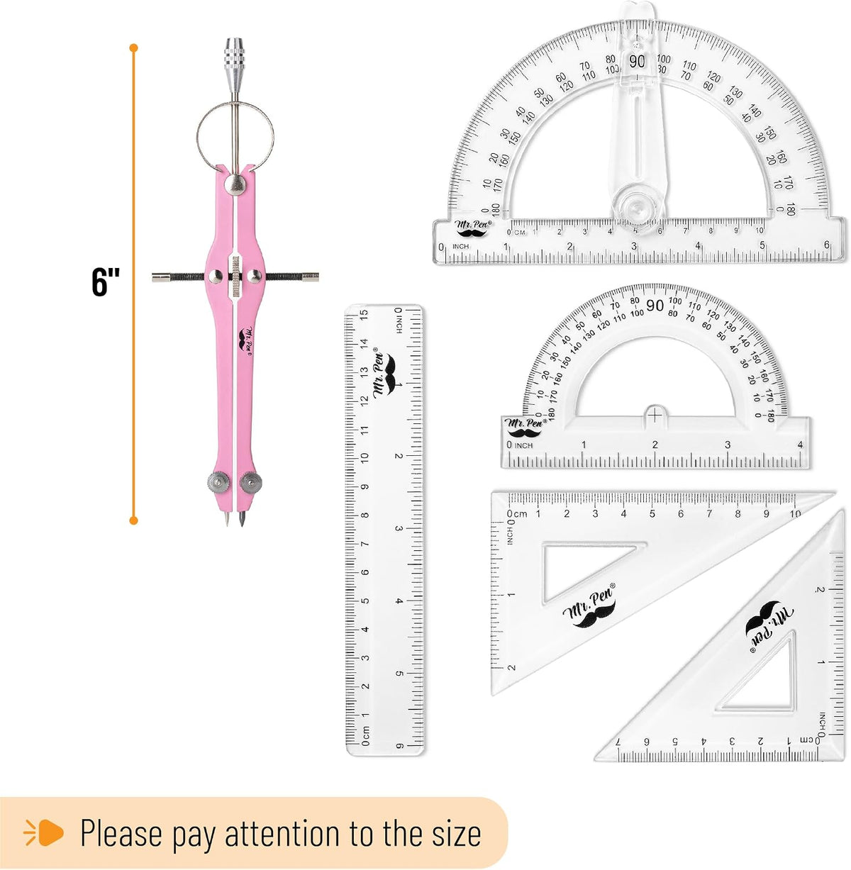 Mr. Pen- Geometry Set, 15 pcs, Pink, 6 Inch Swing Arm Protractor, Divider