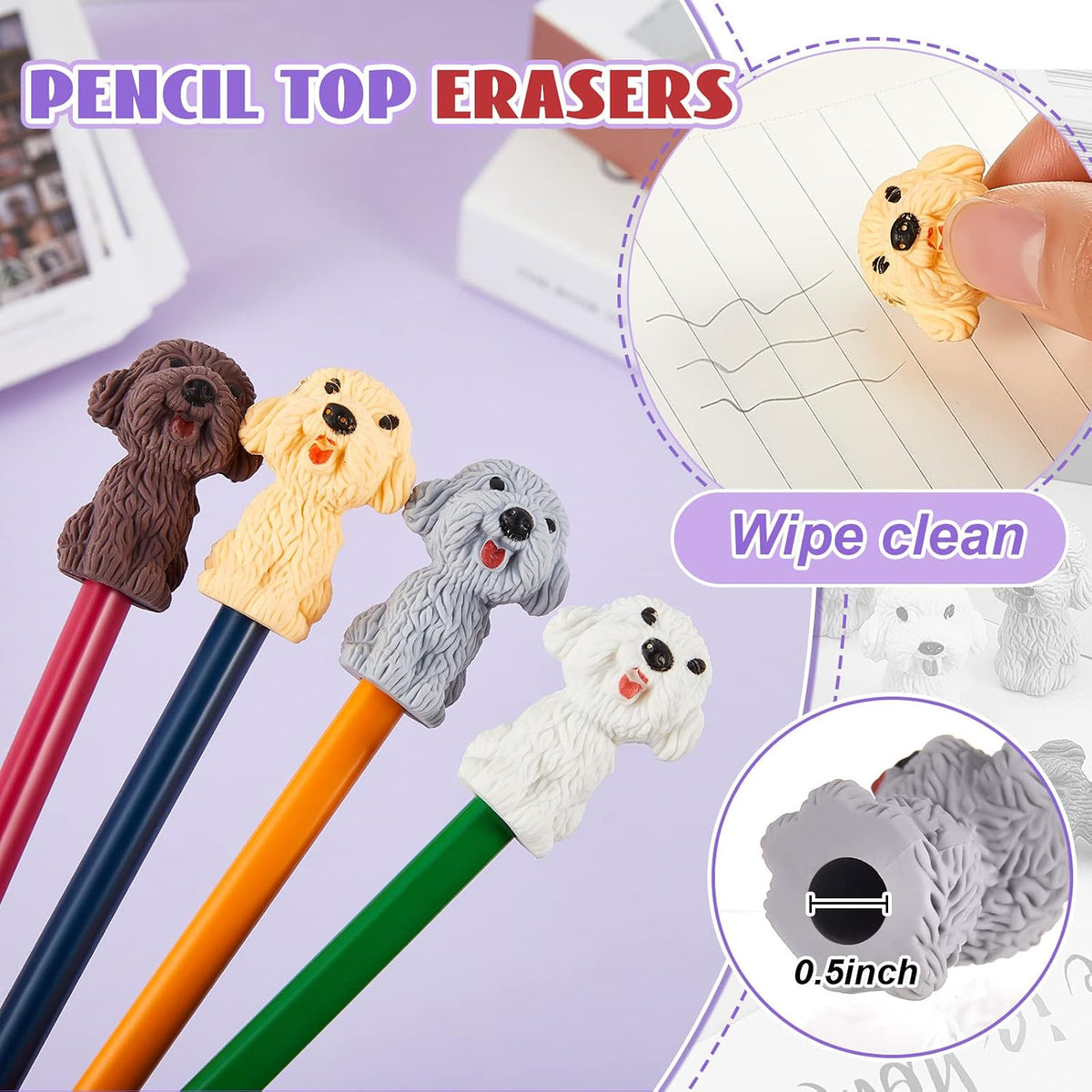 Kisston 100 Pcs 3D Dog Pencil Top Erasers, Cute Animal Pencil Toppers
