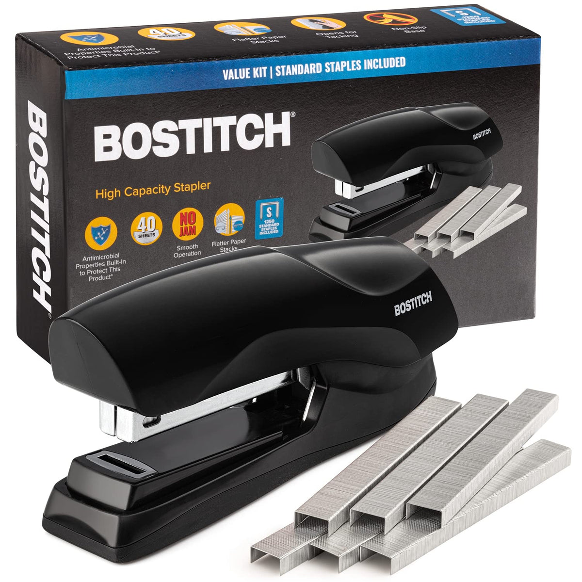 Bostitch Office Heavy Duty Stapler, 40 Sheet Capacity, No Jam, Full Strip, For Classroom, Office or Desk, Black