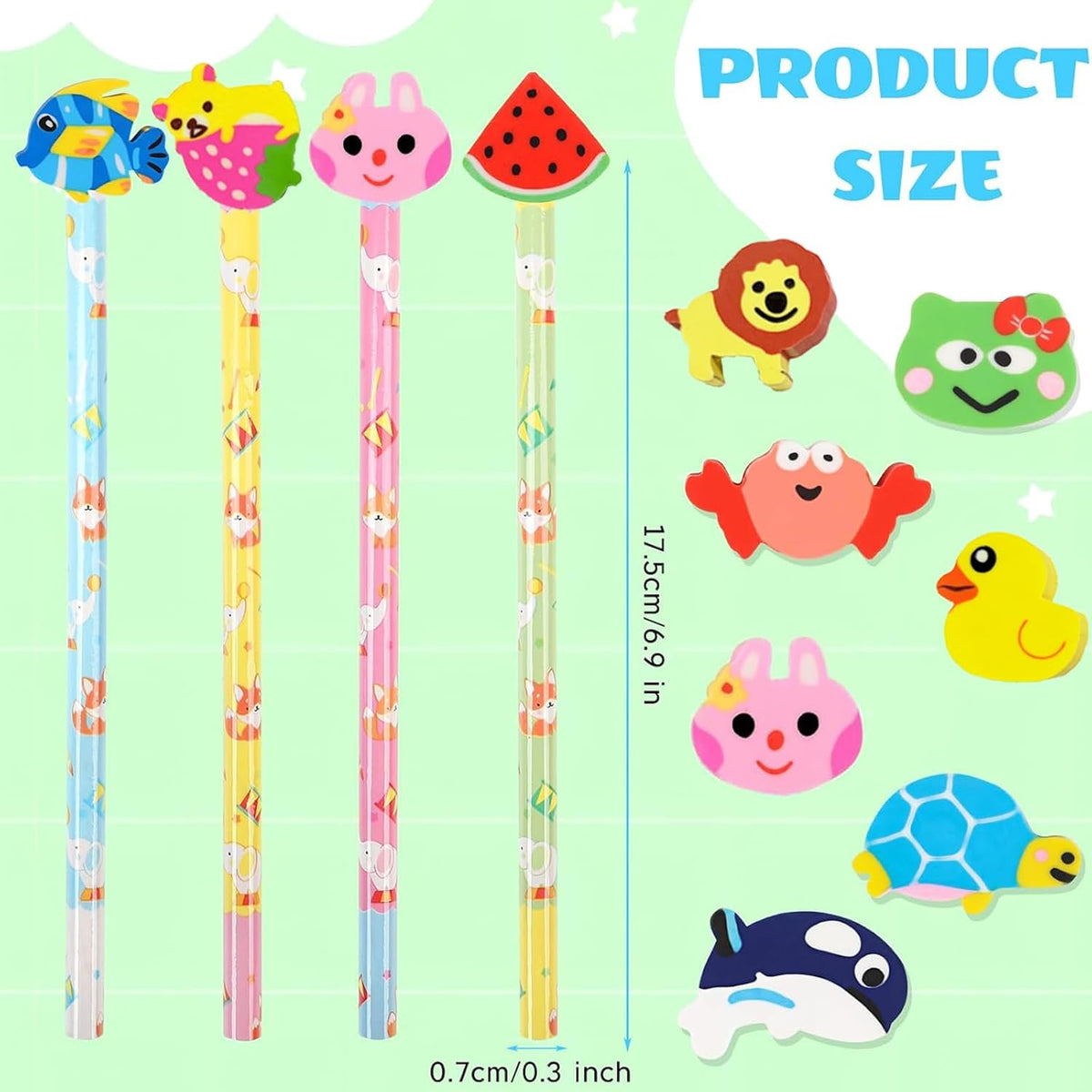 DIYASY 50 Pcs Cute Pencils with Eraser Toppers, Cartoon Animal Wood Pencil Bulk Party Favor Supplies Classroom Rewards Prizes Stationery for Kids