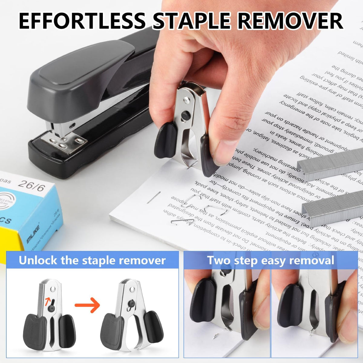 Heavy Duty Stapler, IMLIKE 50 Sheet Full Strip Stapler, Anti-Jam Non-Slip with 5000pcs 26/6 Staples and 1000pcs 23/8 Staples, Staple Remover, for Home, Office, and Classroom, Black