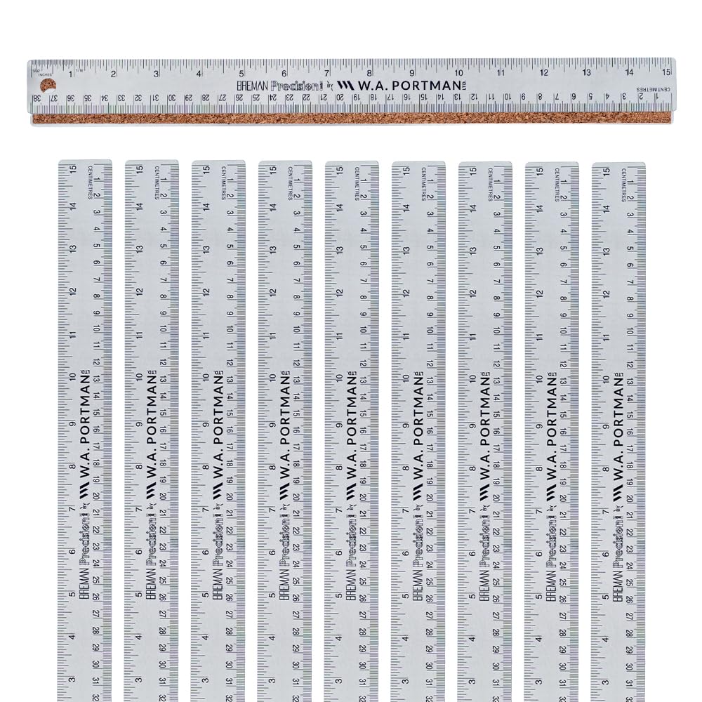 WA Portman Metal Ruler 12'', 10pc Corkback Stainless Steel, Metric Ruler