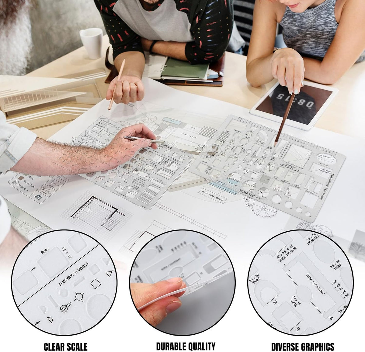 Zonon 10 Pcs Architect Scale & Geometric Drawing Template, Classic, Clear