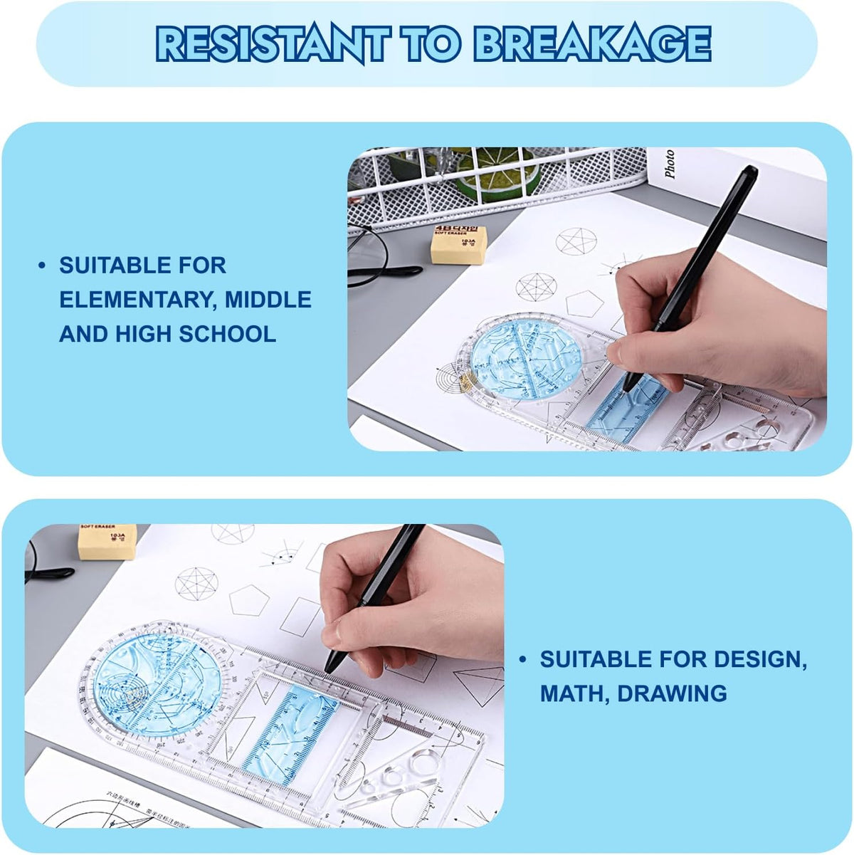 4 Pcs Multifunctional Geometric Ruler,Math Measuring Rulers for Drawing and Art,Metric Ruler Drawing Tool for School Office Supplies and Build