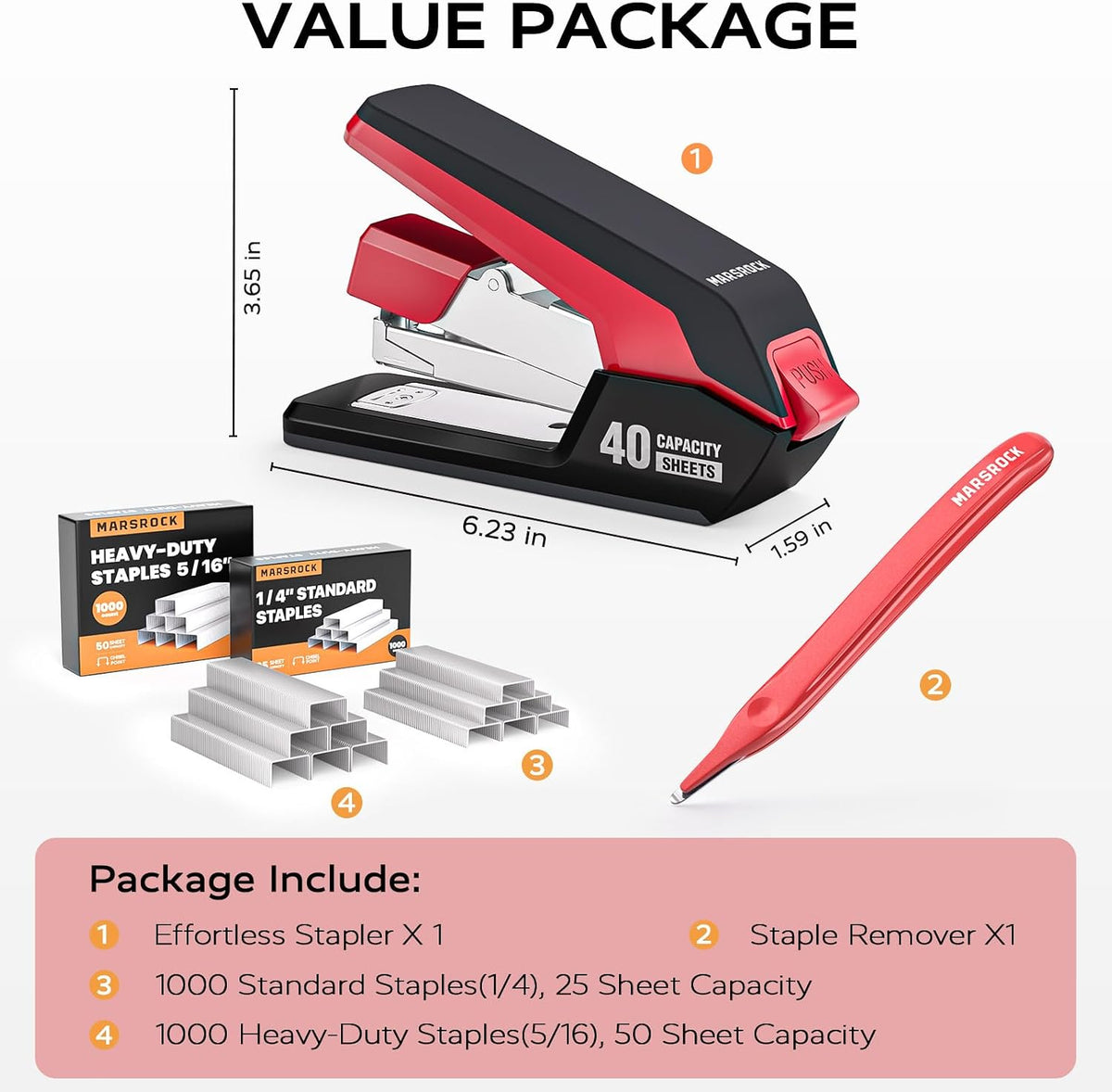 Marsrock Heavy Duty Stapler for Desk with 40-50 Sheet, 2000 Staples, Red