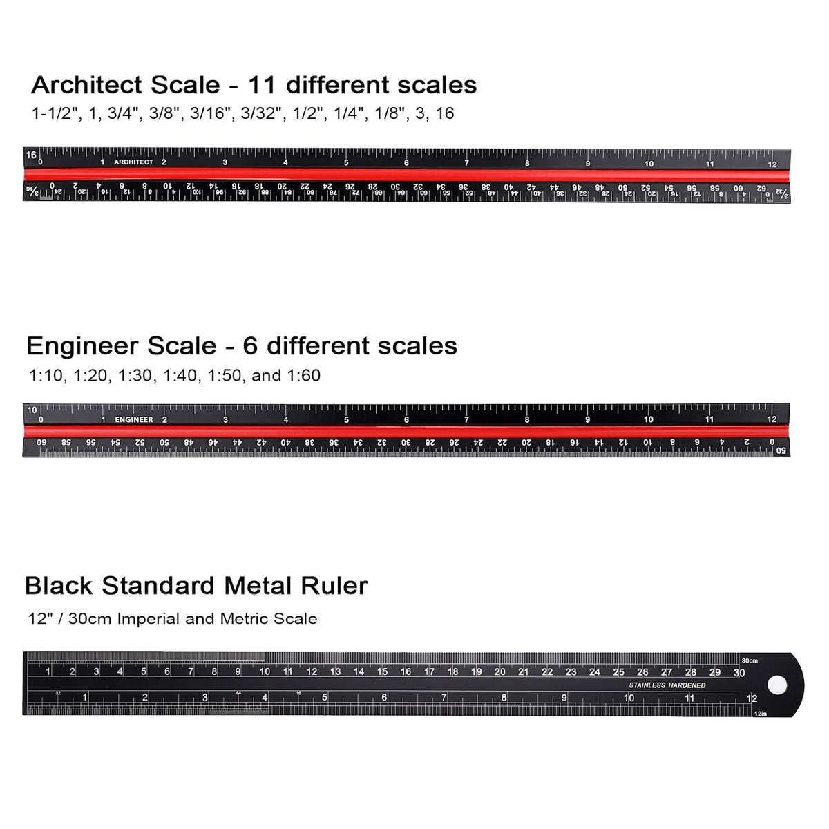 OwnMy 3 Pack 12 Inch Solid Aluminum Triangular Architect Scale Ruler Set