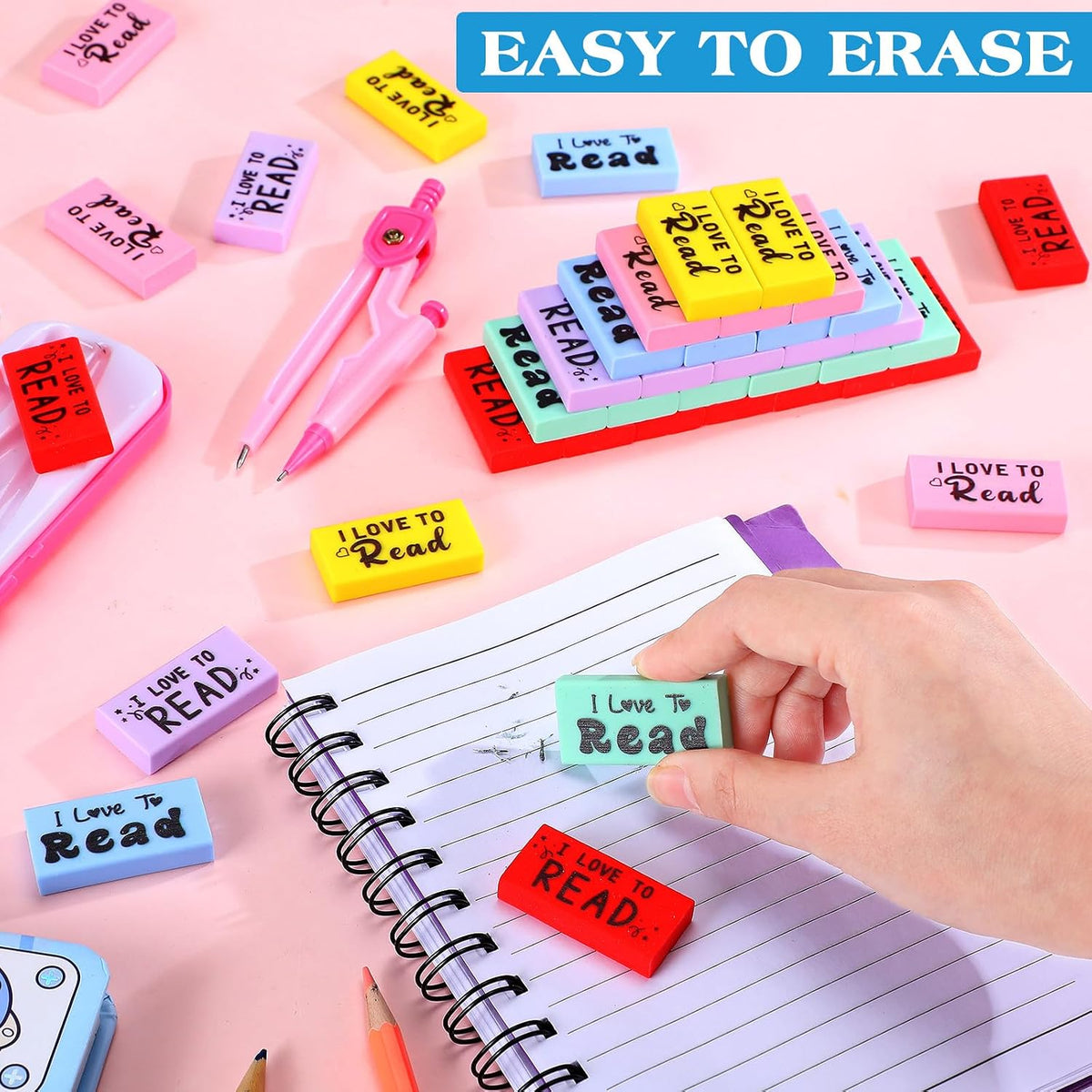 Dunzoom 300 Pcs Inspirational Erasers for Kids Back to School Gifts I Love to Read Small Colorful Pencil Erasers for Students Classroom Cute Motivational Gift for Drawing School Office Supplies