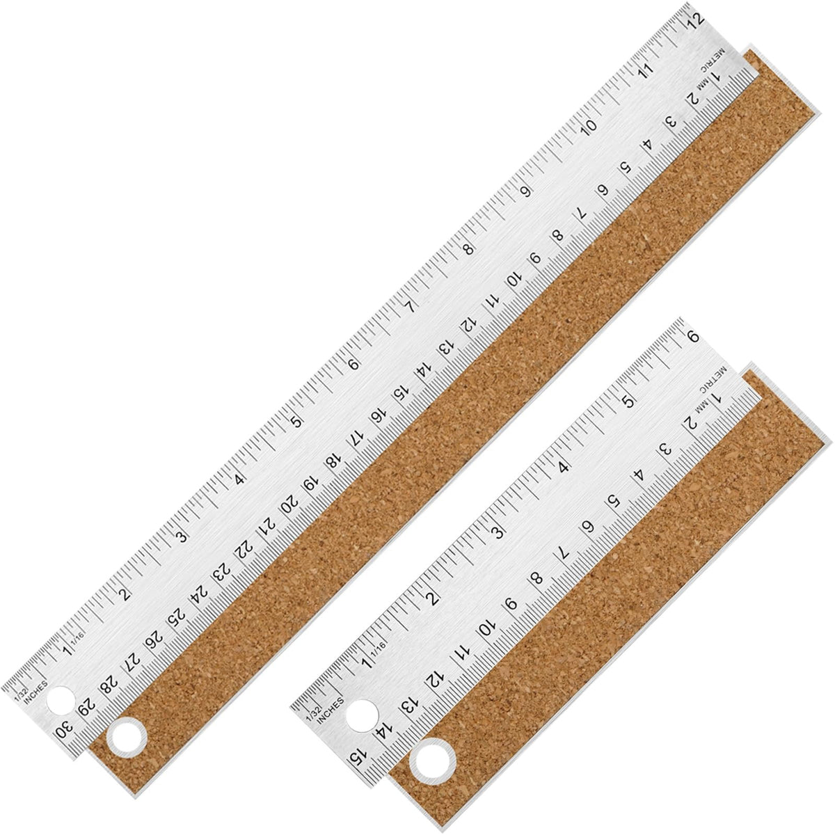 6+12+18 inch Metal Ruler with Cork Backing, Imperial & Metric Markings