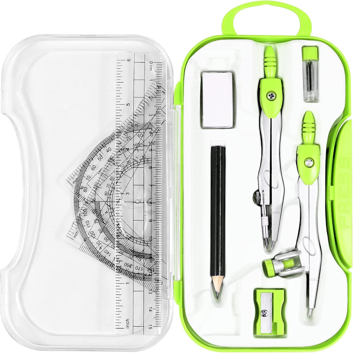 Vobou Math Geometry Sets 10 Pcs, Student Supplies Kit, Compass Set (Green）
