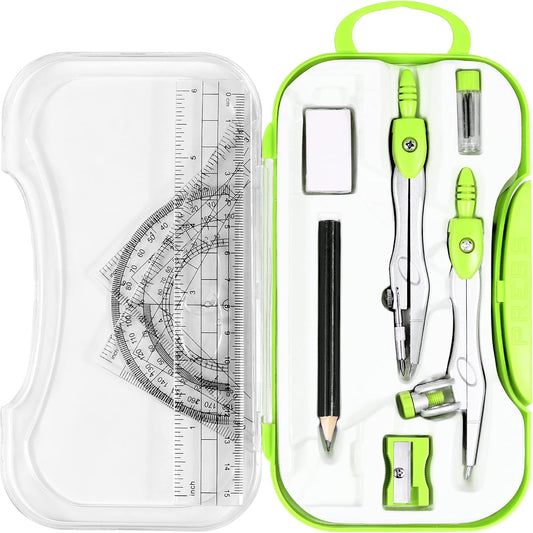 Vobou Math Geometry Sets 10 Pcs, Student Supplies Kit, Compass Set (Green）