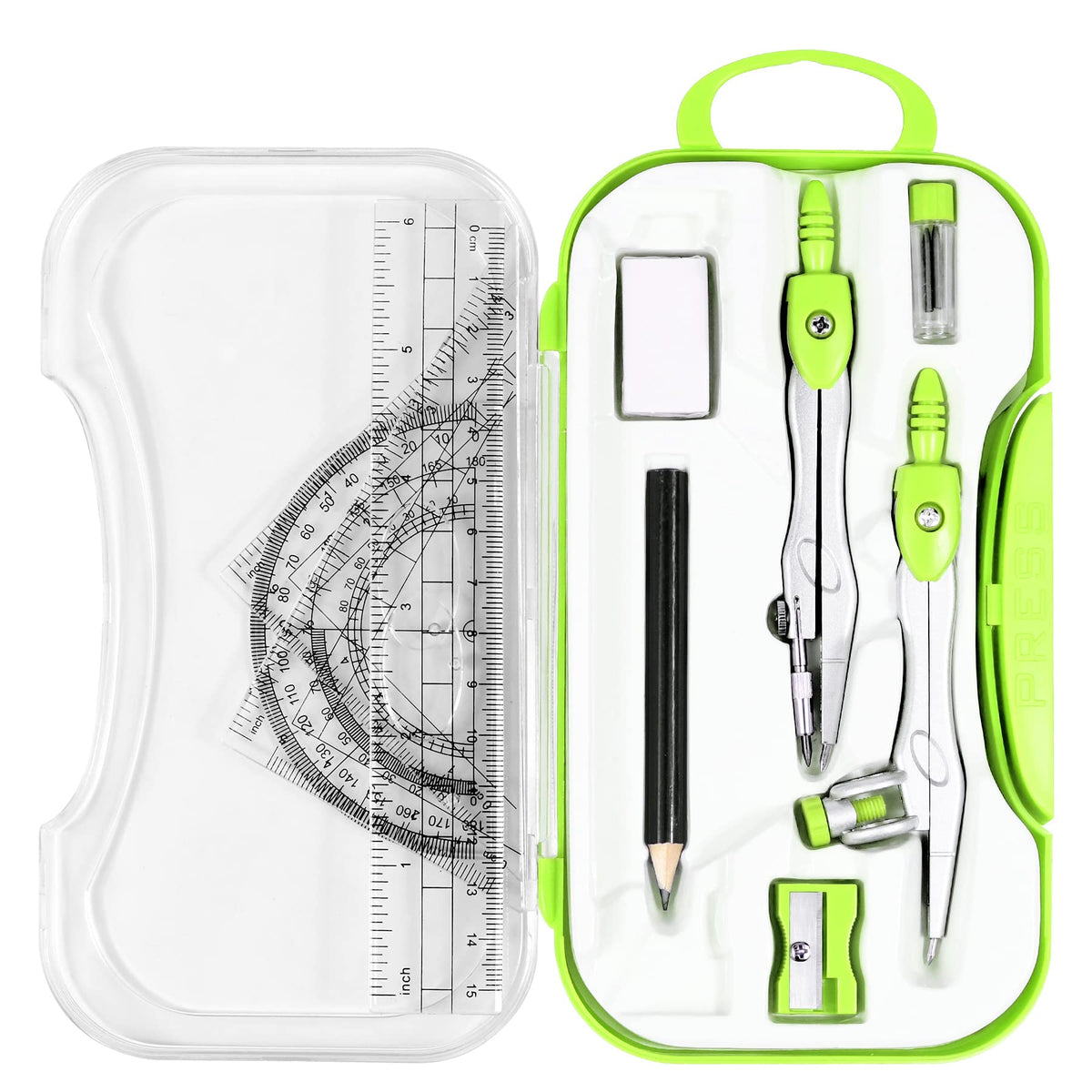 Vobou Math Geometry Sets 10 Pcs, Student Supplies Kit, Compass Set (Green）