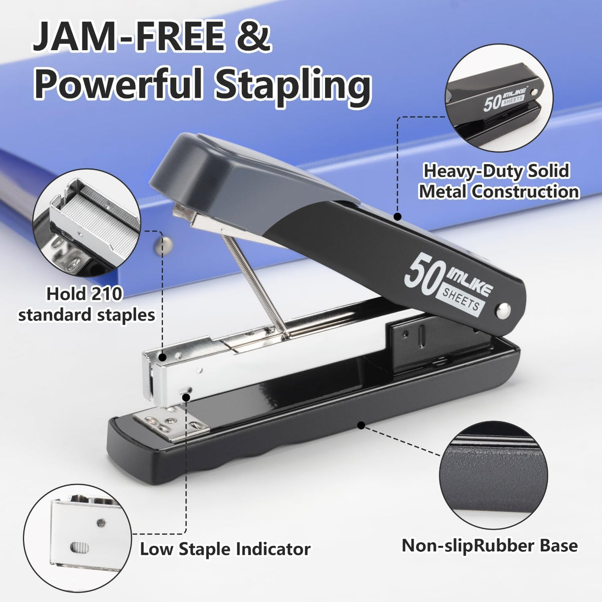 Heavy Duty Stapler, IMLIKE 50 Sheet Full Strip Stapler, Anti-Jam Non-Slip with 5000pcs 26/6 Staples and 1000pcs 23/8 Staples, Staple Remover, for Home, Office, and Classroom, Black